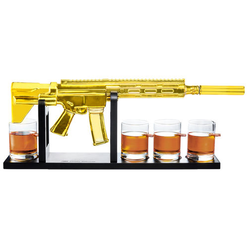 AR15 Gold Whiskey Decanter Set with 4 Bullet Whiskey Glasses - The Wine Savant, Gift for Fathers, Uncles, Sons - Veteran Gifts, Military Gift, Home Bar Gift, Father's Day