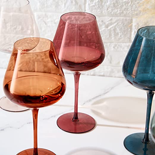 Colored Crystal Wine Glass Set of 6, Gift For Hosting, Her, Wife, Mom Friend - Large 20 oz Glasses, Unique Italian Style Tall Drinkware - Red & White, Dinner, Color Beautiful Glassware - (Pastel)