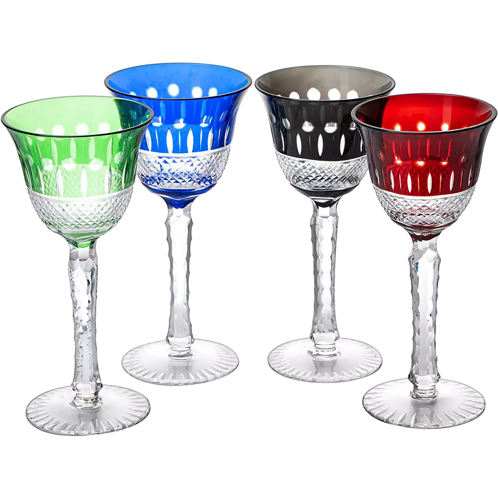 The Wine Savant Crystal Italian Multicolor Design Glasses -Set of 4 Tall Wine Glasses 6.7oz 7.7" H Venetian Italian Style Red, Blue, Green, Brown Glasses, Great for Dinner Parties, Bars & Weddings
