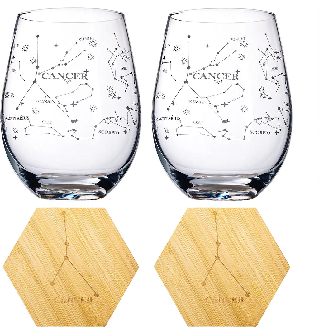 Set of 2 Zodiac Sign Wine Glasses with 2 Wooden Coasters by The Wine Savant - Astrology Drinking Glass Set with Etched Constellation Tumblers for Juice, Water Home Bar Horoscope Gifts 18oz (Cancer)