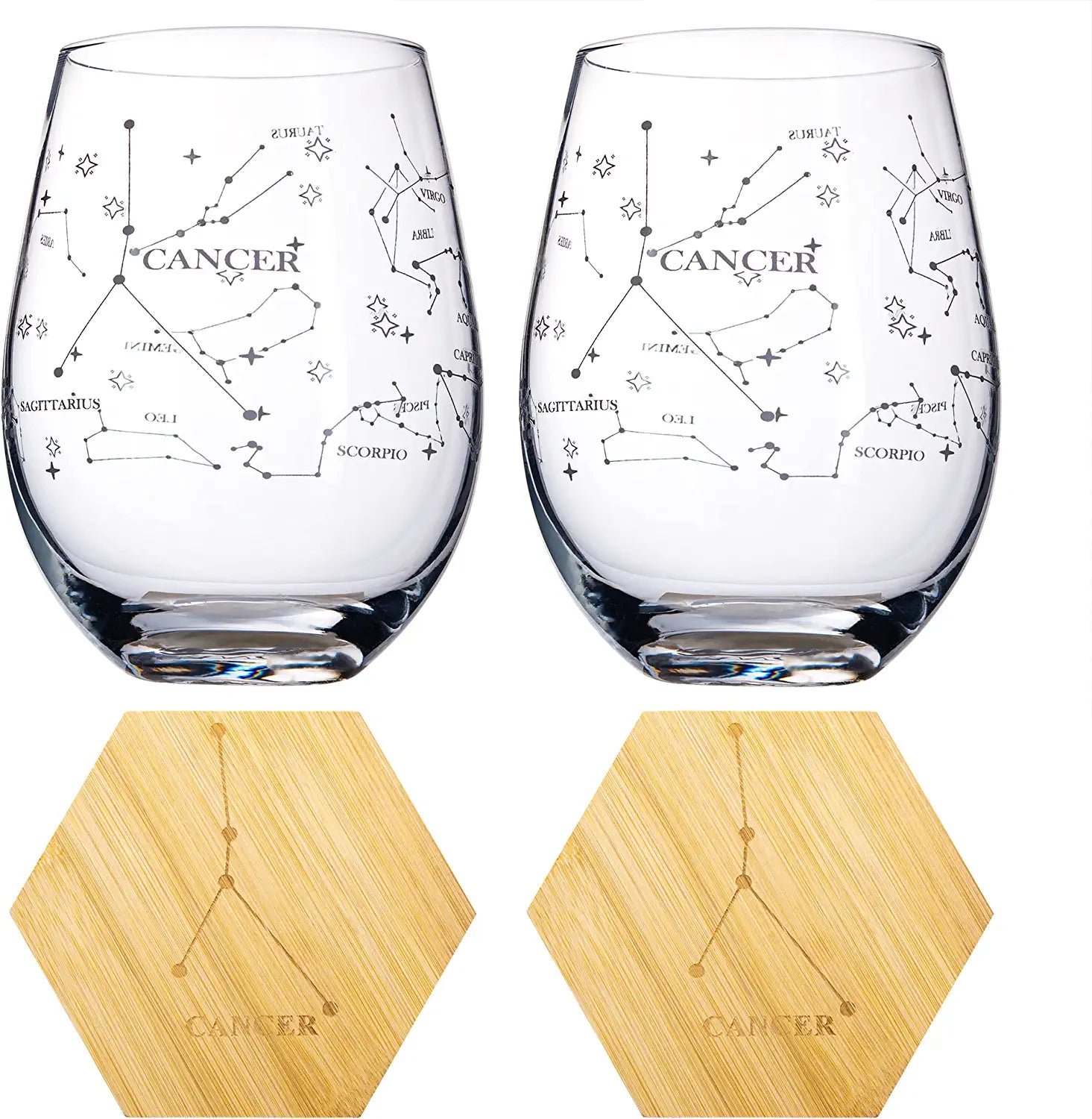 Set of 2 Zodiac Sign Wine Glasses with 2 Wooden Coasters by The Wine Savant - Astrology Drinking Glass Set with Etched Constellation Tumblers for Juice, Water Home Bar Horoscope Gifts 18oz (Cancer)