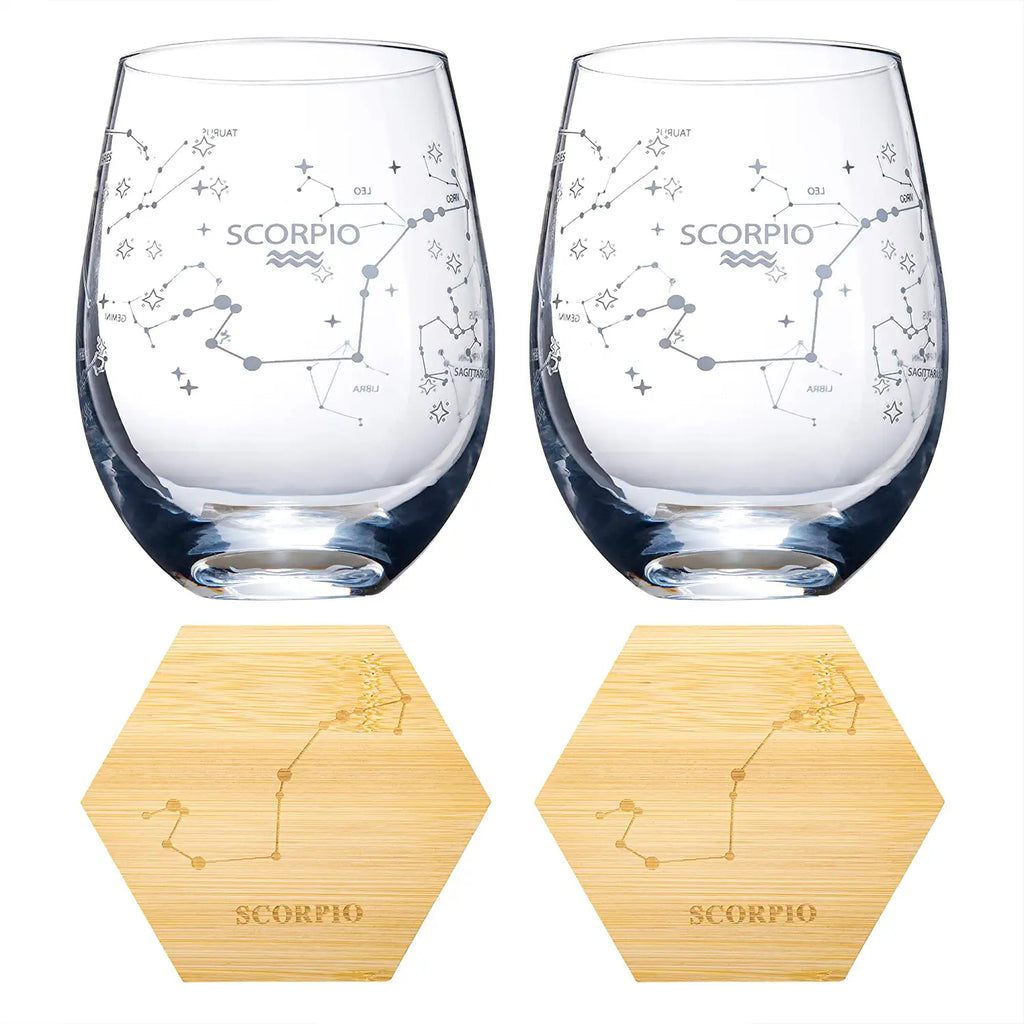 Set of 2 Zodiac Sign Wine Glasses with 2 Wooden Coasters by The Wine Savant - Astrology Drinking Glass Set with Etched Constellation Tumblers for Juice, Water Home Bar Horoscope Gifts 18oz (Scorpio)