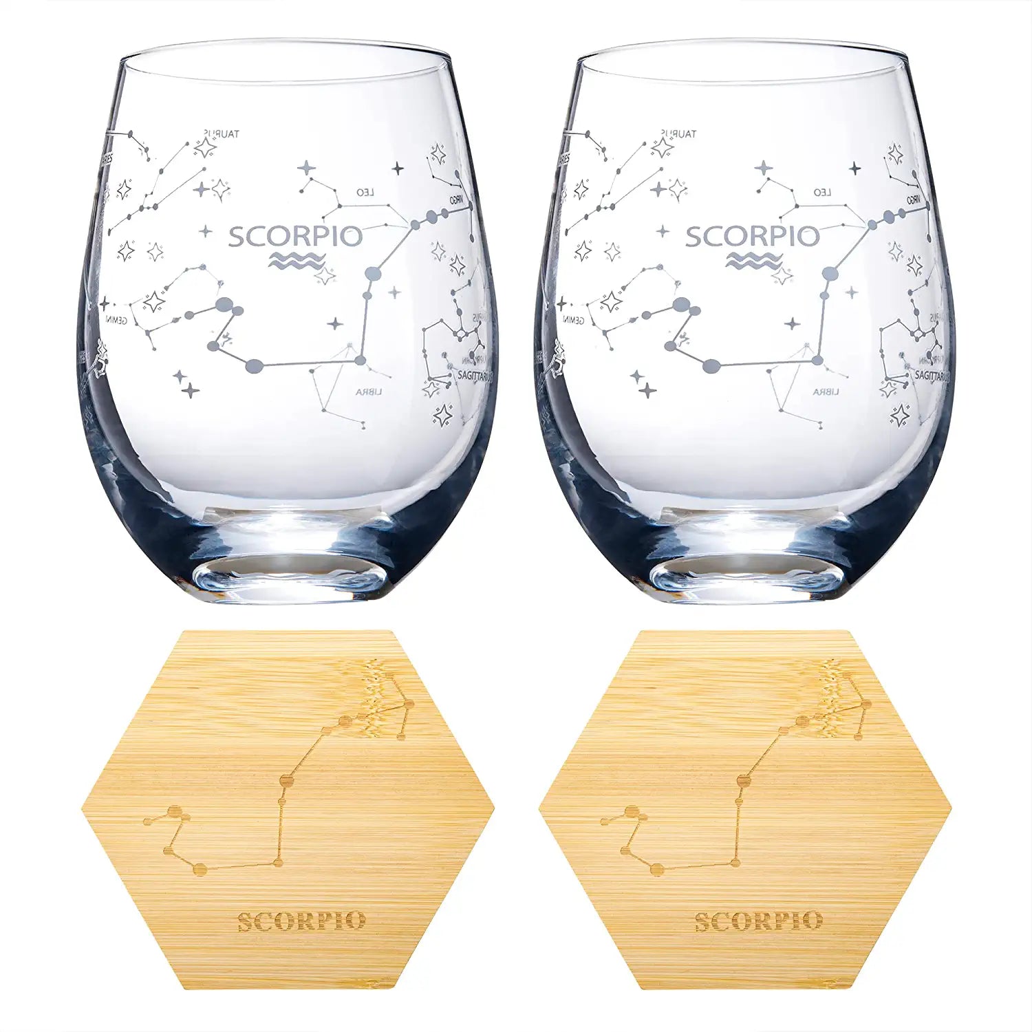 Set of 2 Zodiac Sign Wine Glasses with 2 Wooden Coasters by The Wine Savant - Astrology Drinking Glass Set with Etched Constellation Tumblers for Juice, Water Home Bar Horoscope Gifts 18oz (Scorpio)