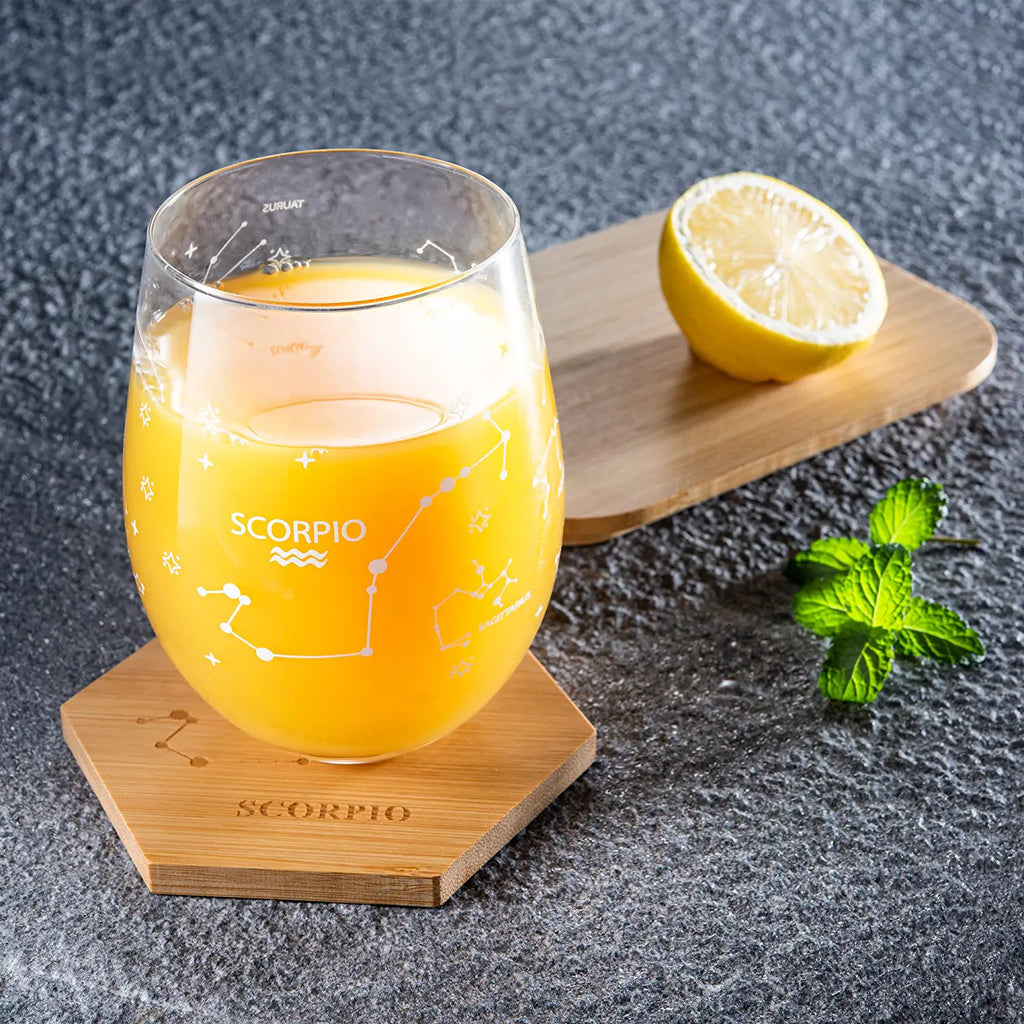 Set of 2 Zodiac Sign Wine Glasses with 2 Wooden Coasters by The Wine Savant - Astrology Drinking Glass Set with Etched Constellation Tumblers for Juice, Water Home Bar Horoscope Gifts 18oz (Scorpio)