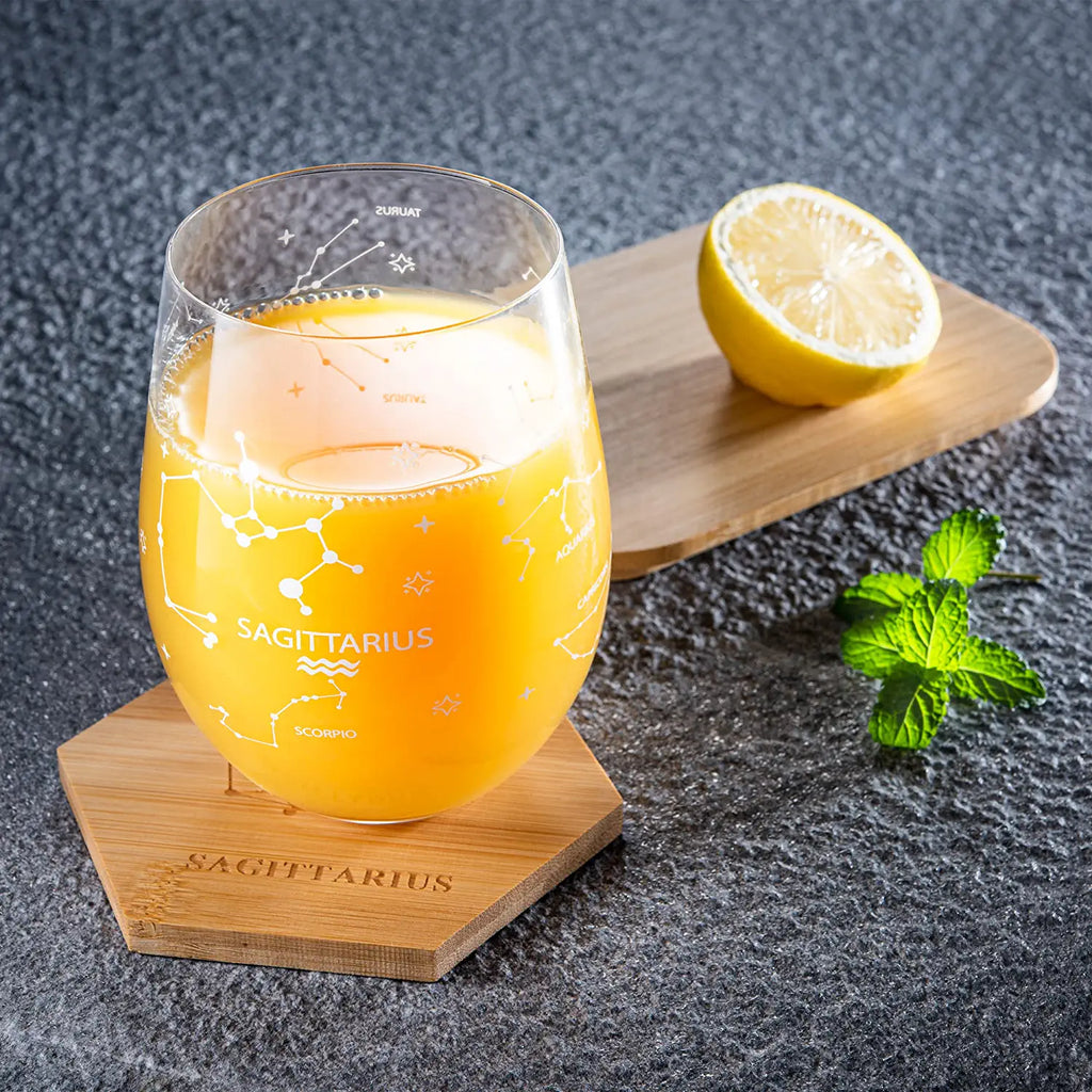 Set of 2 Zodiac Sign Wine Glasses with 2 Wooden Coasters by The Wine Savant - Astrology Drinking Glass Set with Etched Constellation Tumblers for Juice, Home Bar Horoscope Gifts 18oz (Sagittarius)