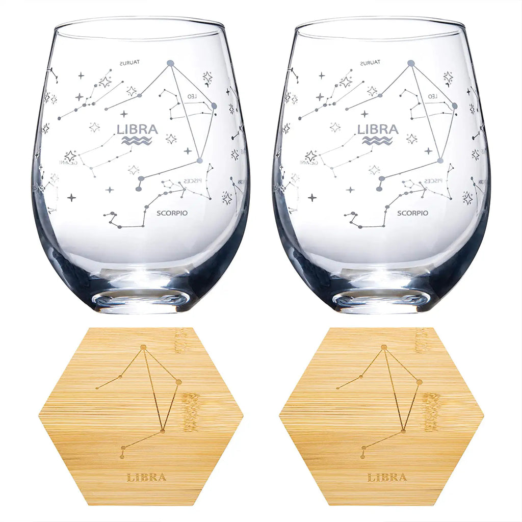Set of 2 Zodiac Sign Wine Glasses with 2 Wooden Coasters by The Wine Savant - Astrology Drinking Glass Set with Etched Constellation Tumblers for Juice, Water Home Bar Horoscope Gifts 18oz (Libra)