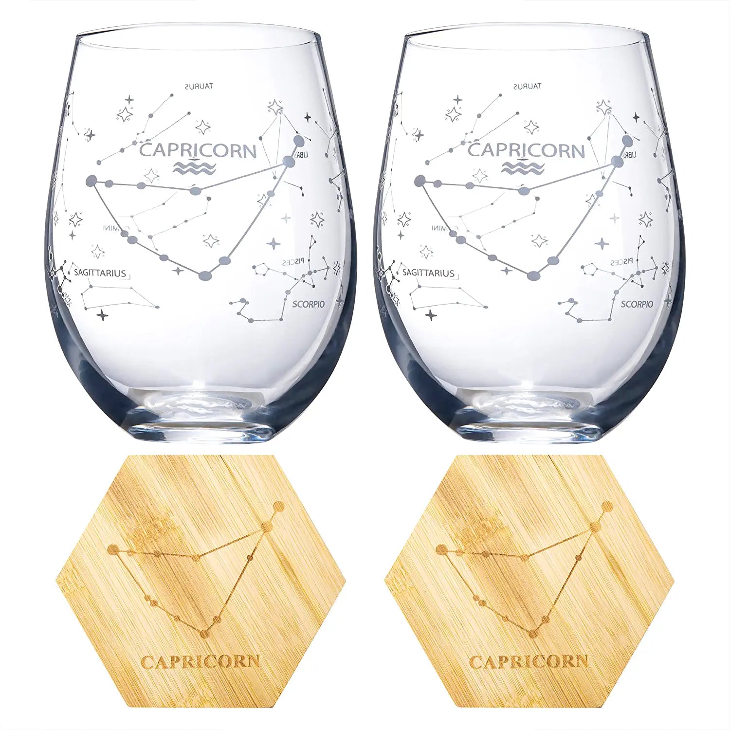 Set of 2 Zodiac Sign Wine Glasses with 2 Wooden Coasters by The Wine Savant - Astrology Drinking Glass Set with Etched Constellation Tumblers for Juice, Water Home Bar Horoscope Gifts 18oz (Capricorn)