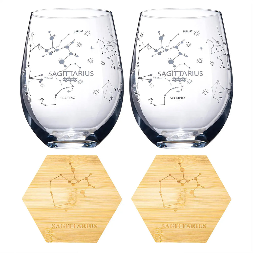 Set of 2 Zodiac Sign Wine Glasses with 2 Wooden Coasters by The Wine Savant - Astrology Drinking Glass Set with Etched Constellation Tumblers for Juice, Home Bar Horoscope Gifts 18oz (Sagittarius)