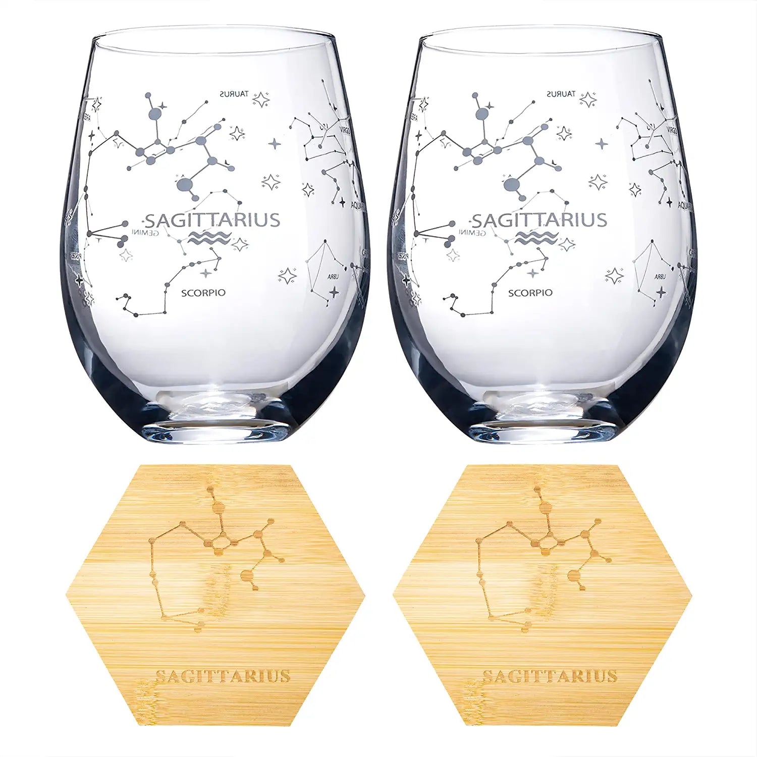 Set of 2 Zodiac Sign Wine Glasses with 2 Wooden Coasters by The Wine Savant - Astrology Drinking Glass Set with Etched Constellation Tumblers for Juice, Home Bar Horoscope Gifts 18oz (Sagittarius)