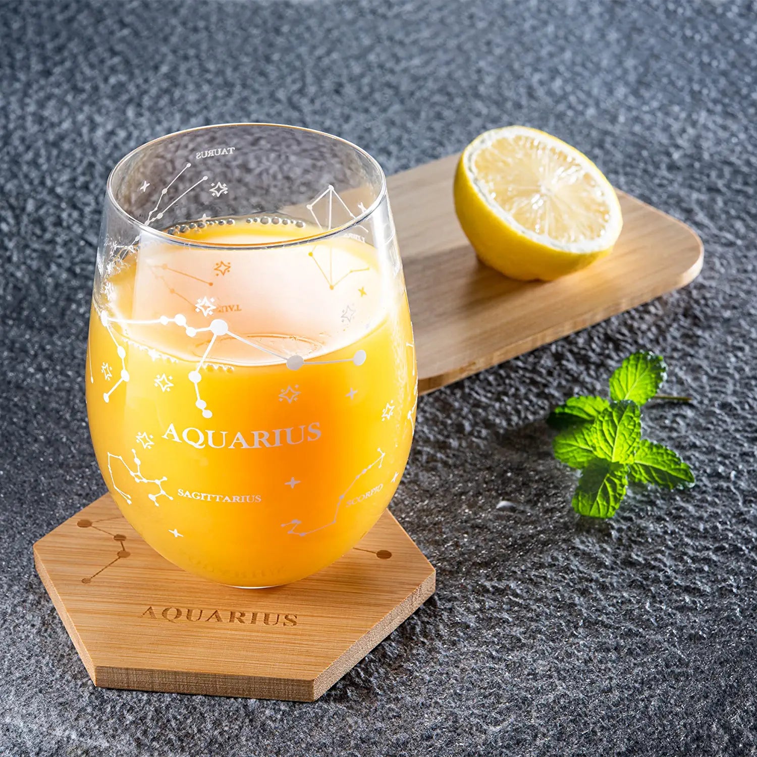 Set of 2 Zodiac Sign Wine Glasses with 2 Wooden Coasters by The Wine Savant - Astrology Drinking Glass Set with Etched Constellation Tumblers for Juice, Water Home Bar Horoscope Gifts 18oz (Aquarius)