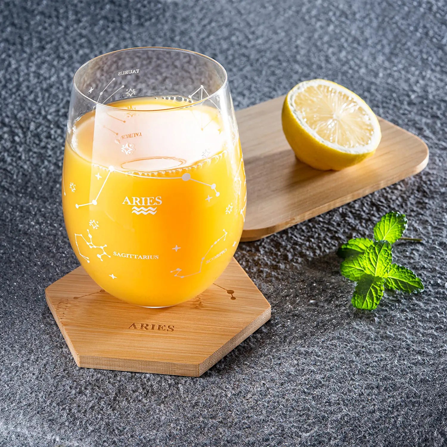 Set of 2 Zodiac Sign Wine Glasses with 2 Wooden Coasters by The Wine Savant - Astrology Drinking Glass Set with Etched Constellation Tumblers for Juice, Water Home Bar Horoscope Gifts 18oz (Aries)