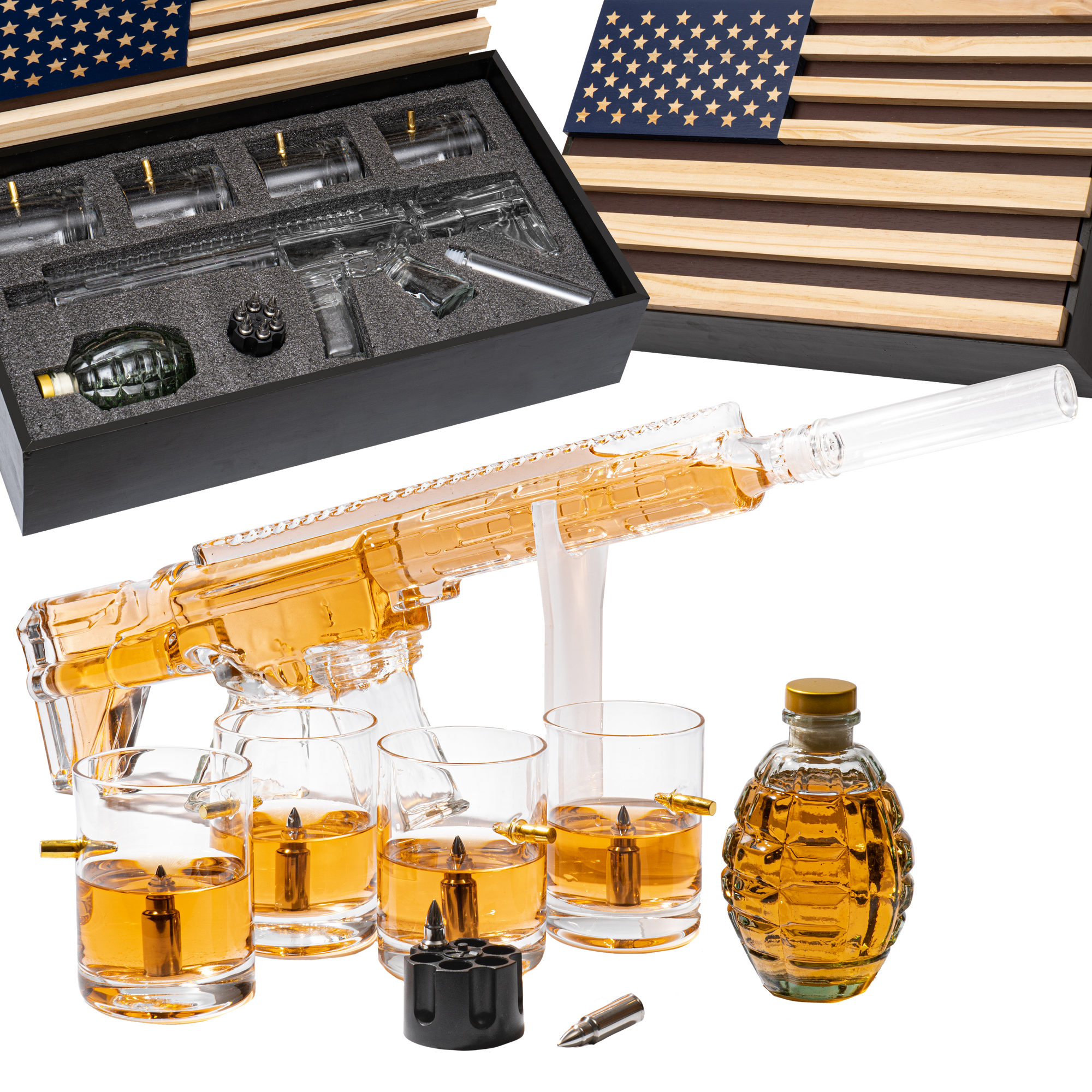 AR15 Whiskey Gun Decanter Flag Set - 1000ml Rifle & Pistol Set - Hanging Storage American Flag Gift Box & Bullet Glasses & Shot Glass, Great Gift for Army, Navy, Marines, Veterans & Gun Enthusiasts
