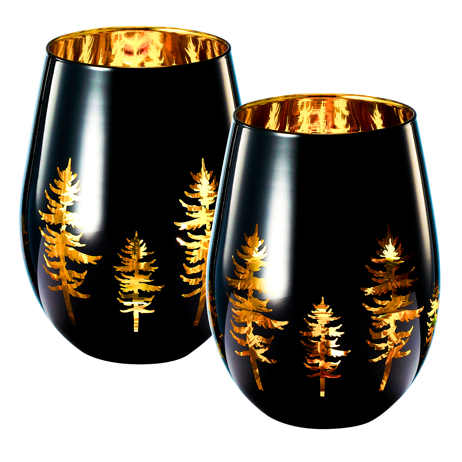 Crystal Holiday Winter Christmas Trees Black & Gold Stemless Wine Glasses - Set of 2 - Glass Colored Vibrant Etched Forest Tree Frosted Glass, Perfect for Parties Gifts For Him Her Gift (14 OZ)