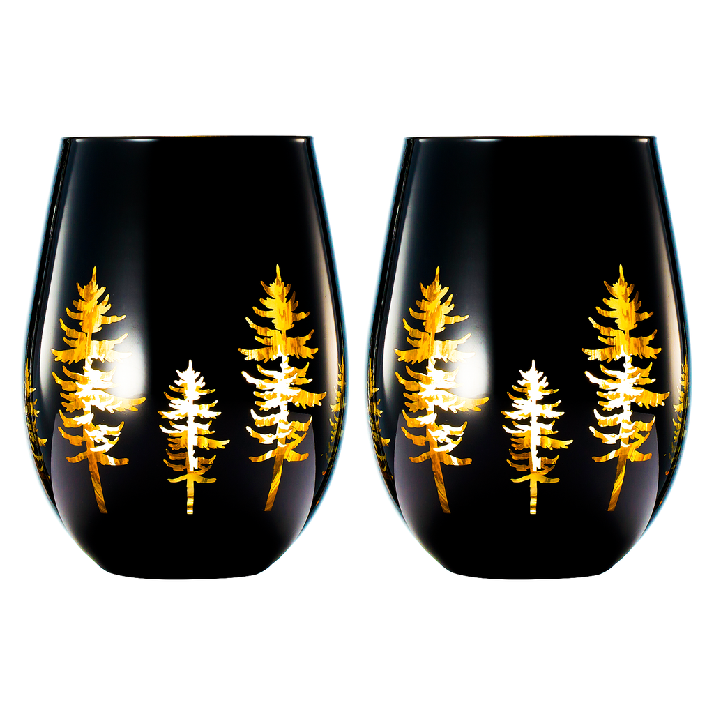 Crystal Holiday Winter Christmas Trees Black & Gold Stemless Wine Glasses - Set of 2 - Glass Colored Vibrant Etched Forest Tree Frosted Glass, Perfect for Parties Gifts For Him Her Gift (14 OZ)