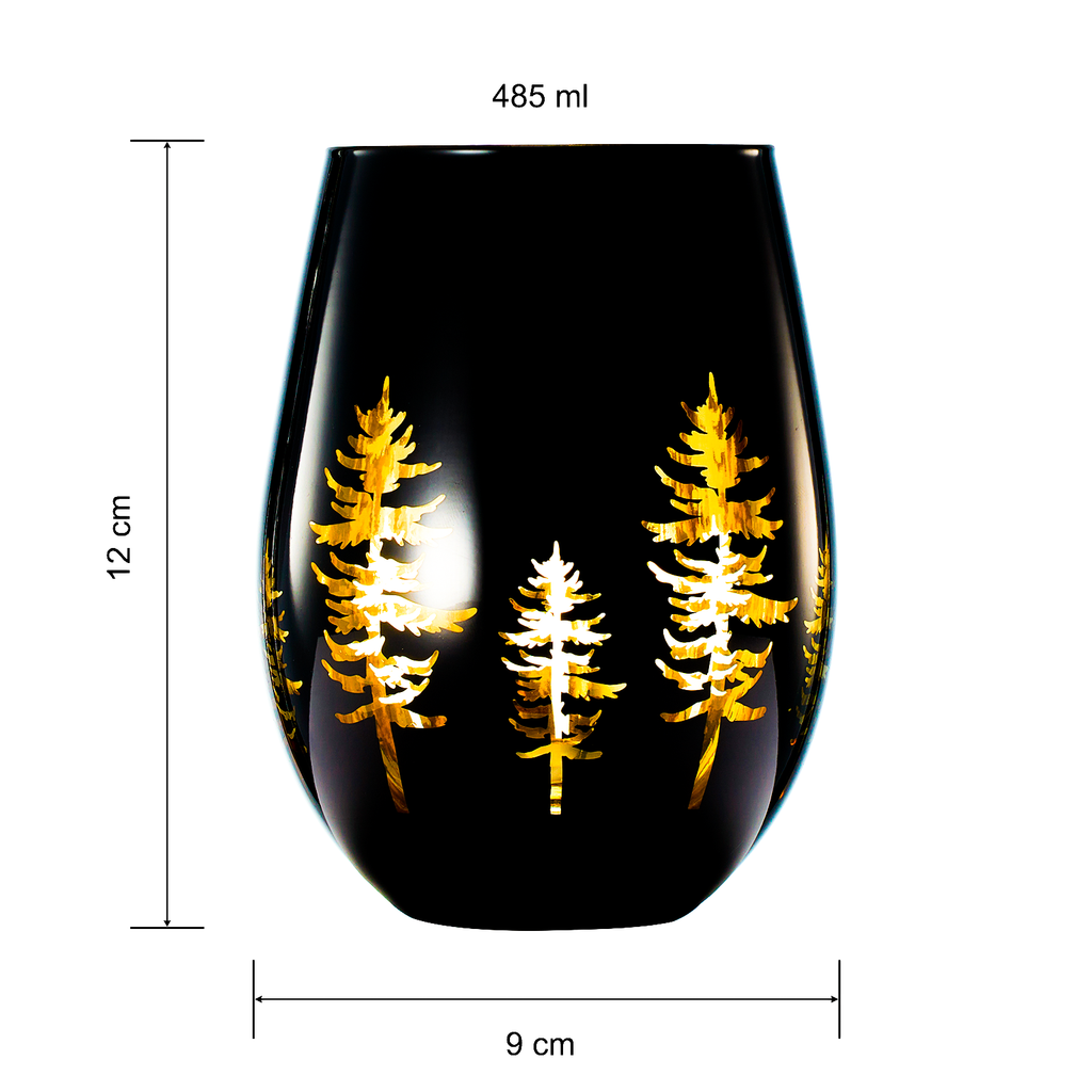 Crystal Holiday Winter Christmas Trees Black & Gold Stemless Wine Glasses - Set of 2 - Glass Colored Vibrant Etched Forest Tree Frosted Glass, Perfect for Parties Gifts For Him Her Gift (14 OZ)