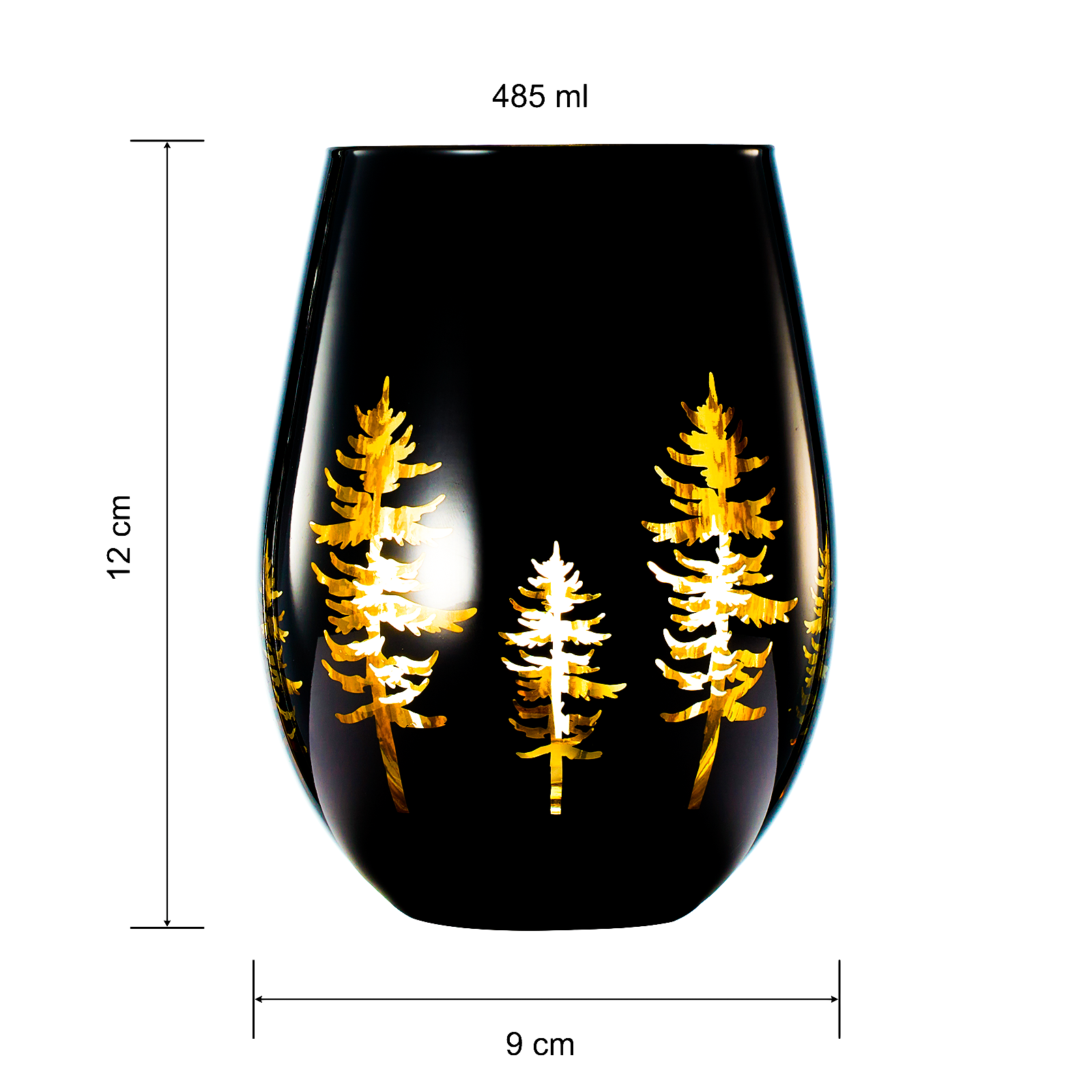 Crystal Holiday Winter Christmas Trees Black & Gold Stemless Wine Glasses - Set of 2 - Glass Colored Vibrant Etched Forest Tree Frosted Glass, Perfect for Parties Gifts For Him Her Gift (14 OZ)