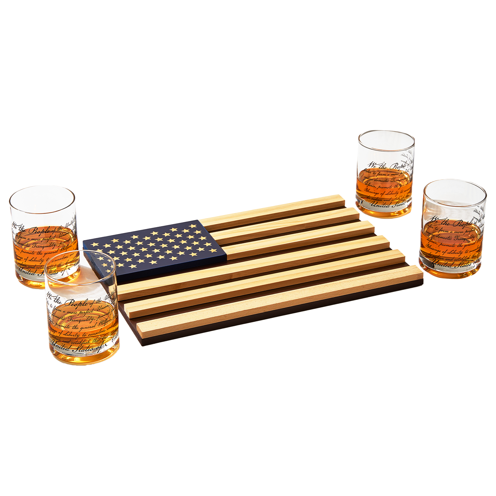 Whiskey Glasses – United States Constitution - Wood American Flag Tray & Set of 4 We The People 10oz America Glassware, Old Fashioned Rocks Glass, Freedom Of Speech Law Gift Set US Patriotic