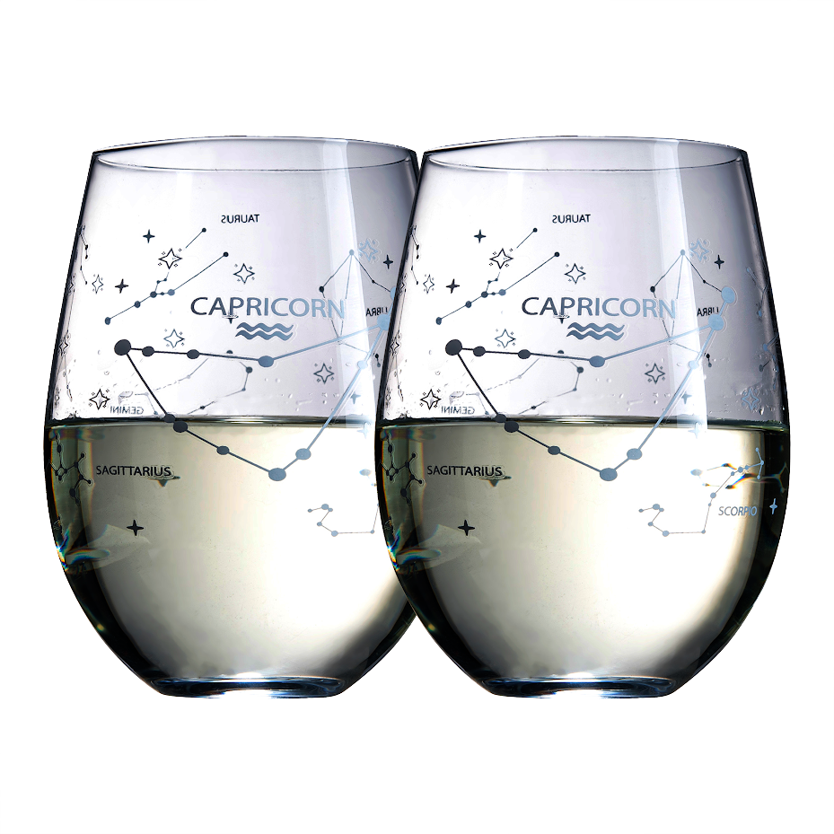 Set of 2 Zodiac Sign Wine Glasses with 2 Wooden Coasters by The Wine Savant - Astrology Drinking Glass Set with Etched Constellation Tumblers for Juice, Water Home Bar Horoscope Gifts 18oz (Capricorn)