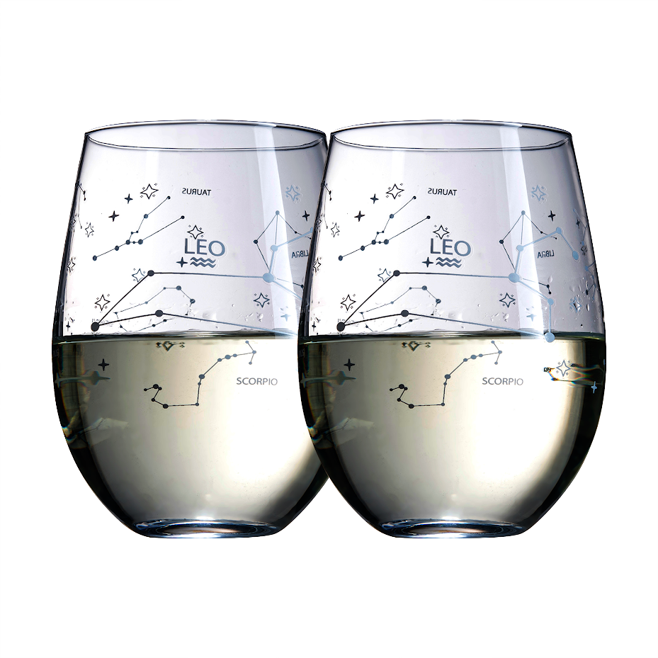 Set of 2 Zodiac Sign Wine Glasses with 2 Wooden Coasters by The Wine Savant - Astrology Drinking Glass Set with Etched Constellation Tumblers for Juice, Water Home Bar Horoscope Gifts 18oz (Leo)