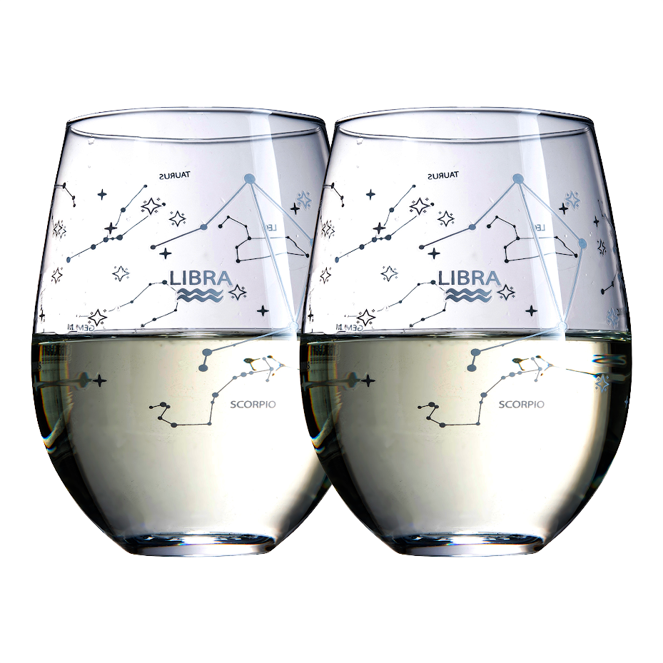 Set of 2 Zodiac Sign Wine Glasses with 2 Wooden Coasters by The Wine Savant - Astrology Drinking Glass Set with Etched Constellation Tumblers for Juice, Water Home Bar Horoscope Gifts 18oz (Libra)