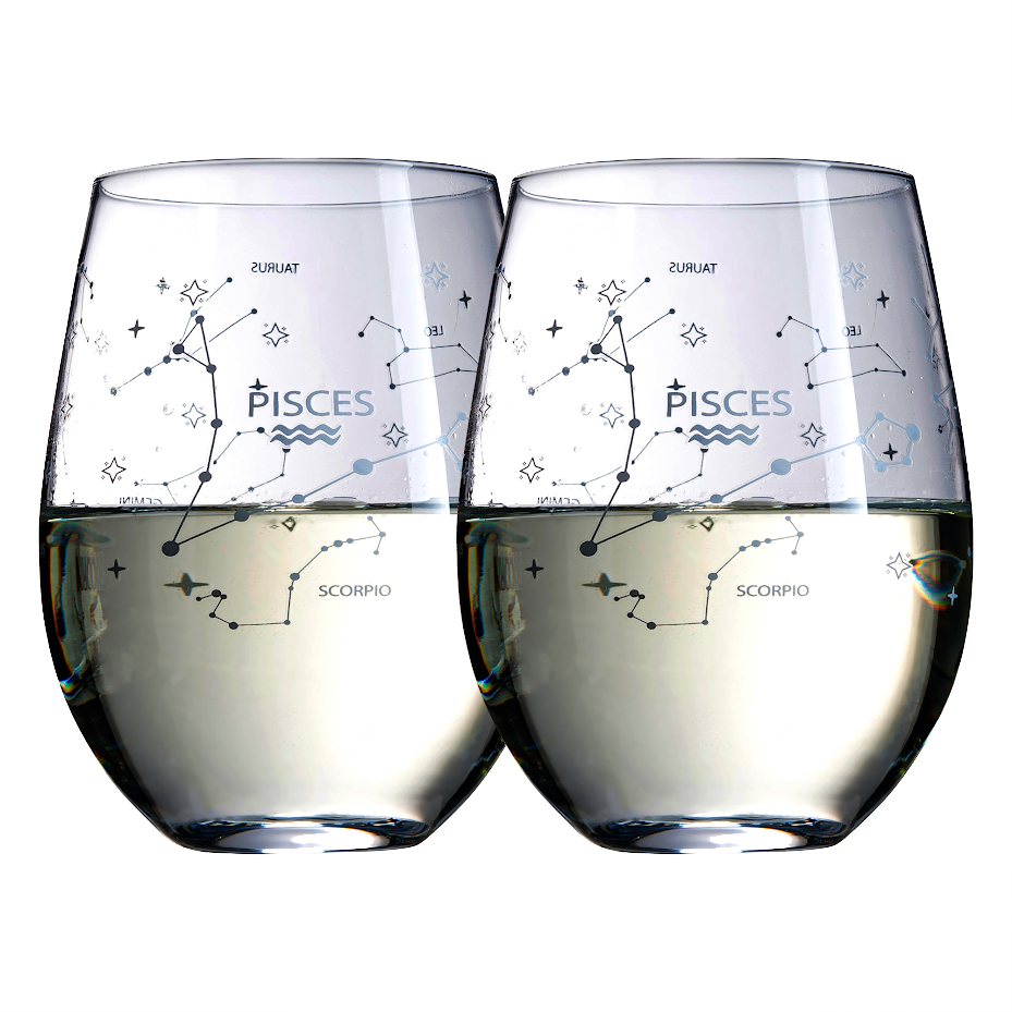 Set of 2 Zodiac Sign Wine Glasses with 2 Wooden Coasters by The Wine Savant - Astrology Drinking Glass Set with Etched Constellation Tumblers for Juice, Water Home Bar Horoscope Gifts 18oz (Pisces)