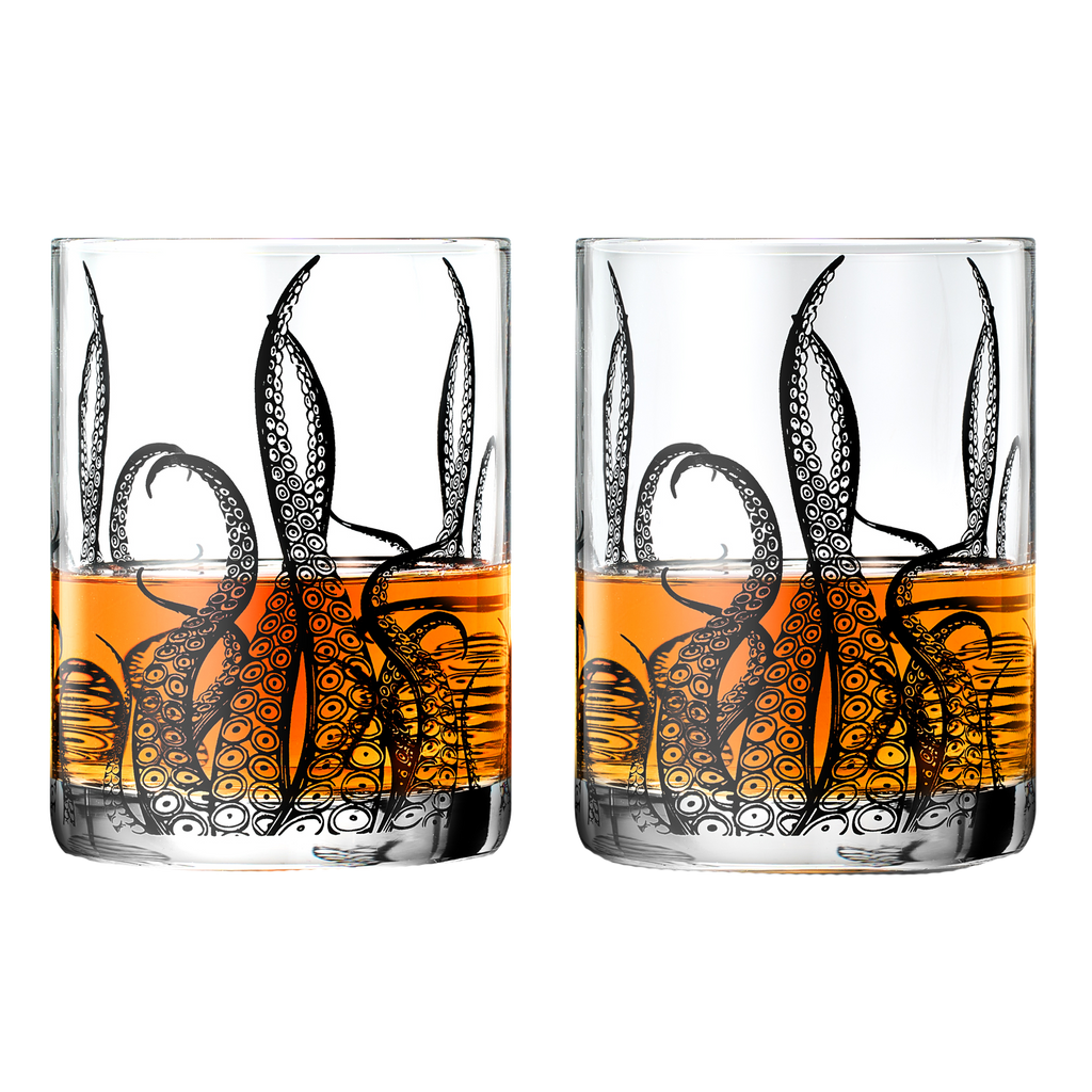 Octopus Tentacle Whiskey Glassware | Set of 2 | 9 OZ Handmade Craft Beer, Cocktail, Water, Bar Rock Glass - Kraken Tumbler Gift Set, Old Fashioned Rocks Glasses, Antique Design Extraordinary Detail