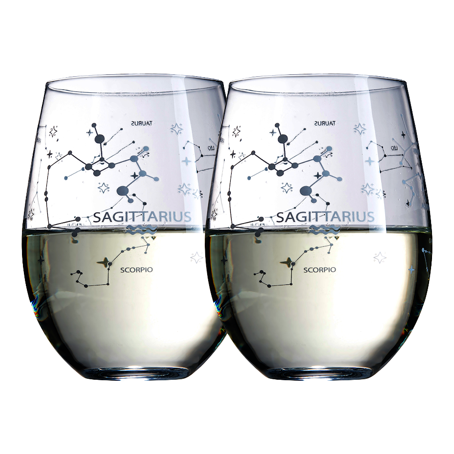 Set of 2 Zodiac Sign Wine Glasses with 2 Wooden Coasters by The Wine Savant - Astrology Drinking Glass Set with Etched Constellation Tumblers for Juice, Home Bar Horoscope Gifts 18oz (Sagittarius)
