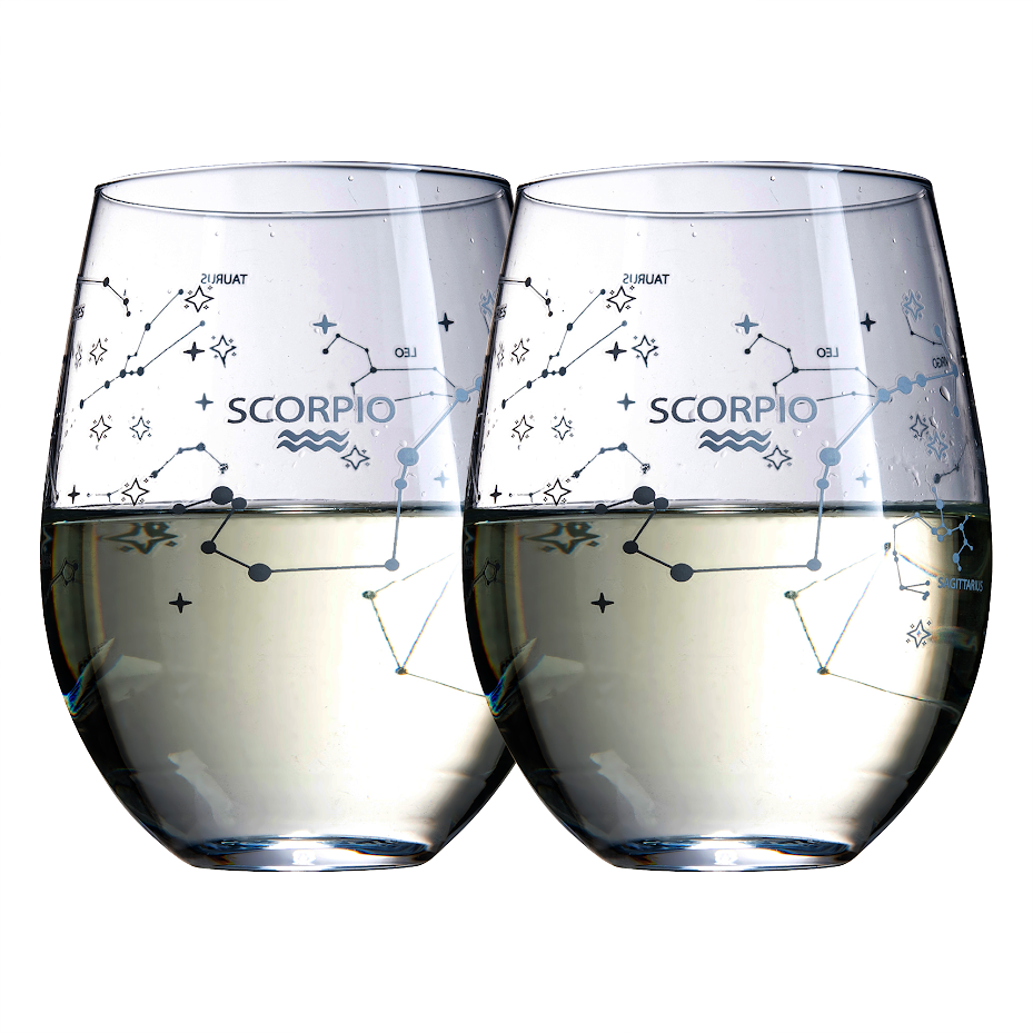 Set of 2 Zodiac Sign Wine Glasses with 2 Wooden Coasters by The Wine Savant - Astrology Drinking Glass Set with Etched Constellation Tumblers for Juice, Water Home Bar Horoscope Gifts 18oz (Scorpio)